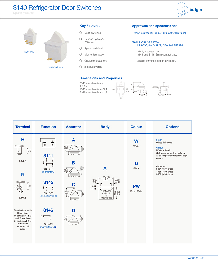 冰箱門開關3100系列參數 冰箱門開關3100系列參數