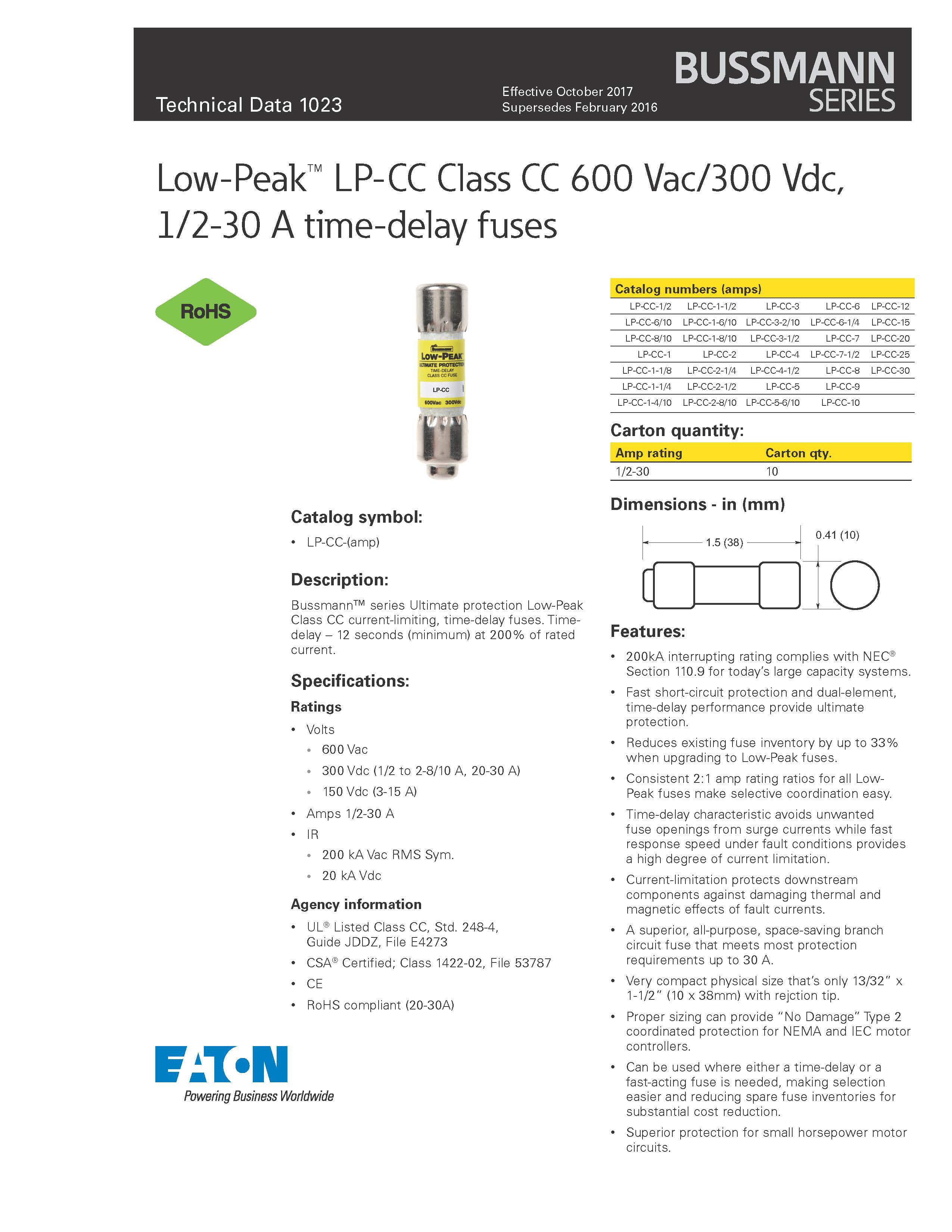 LP-CC系列10*38延時熔斷器參數 LP-CC系列10*38延時熔斷器參數